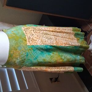 💚🌴 Santiki Green & Tan Hawaiian Print Skirt W/Ruffle Hem & Rusched Waist SZ XL